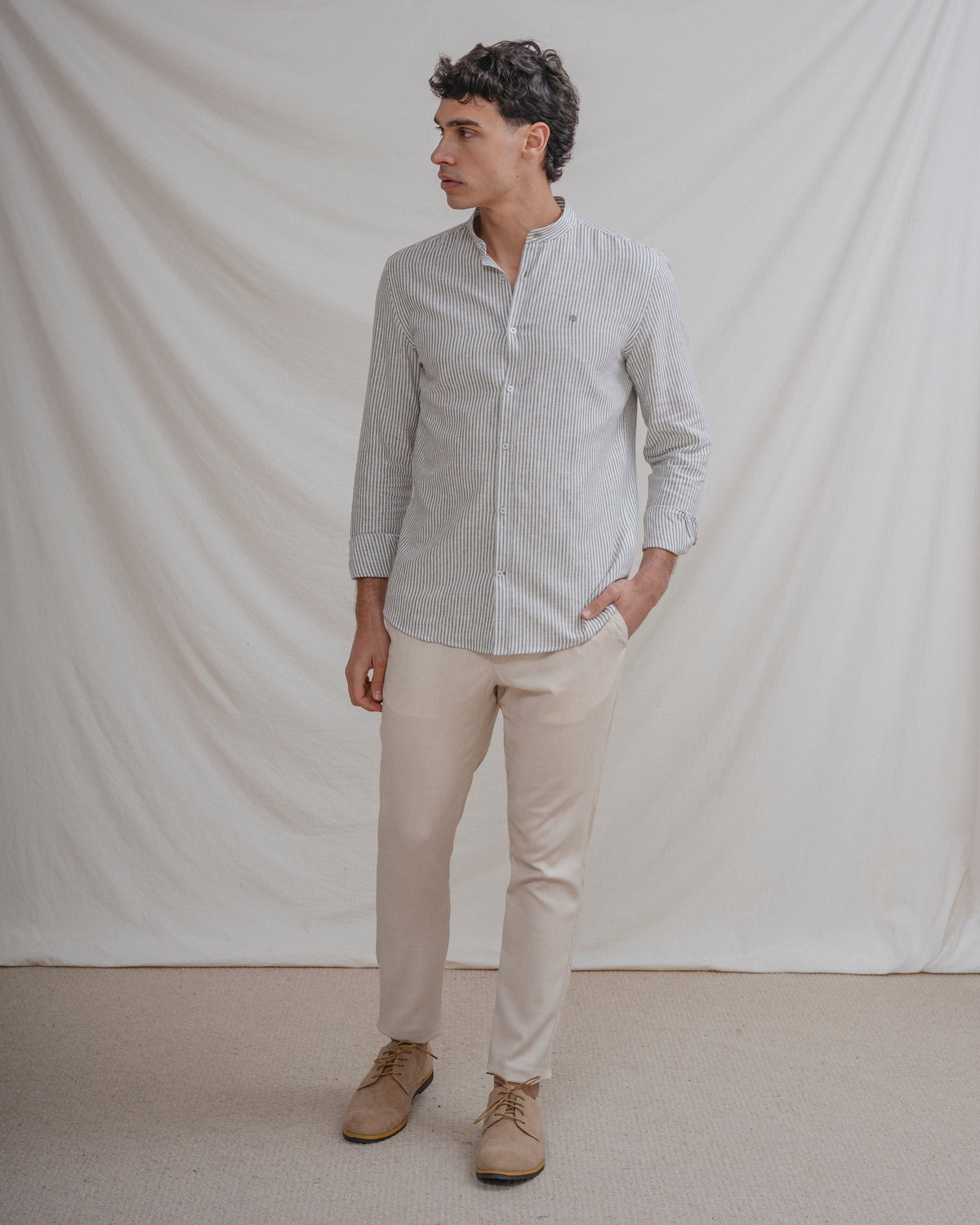 CAMISA CUELLO MAO LINO RAYA VERDE