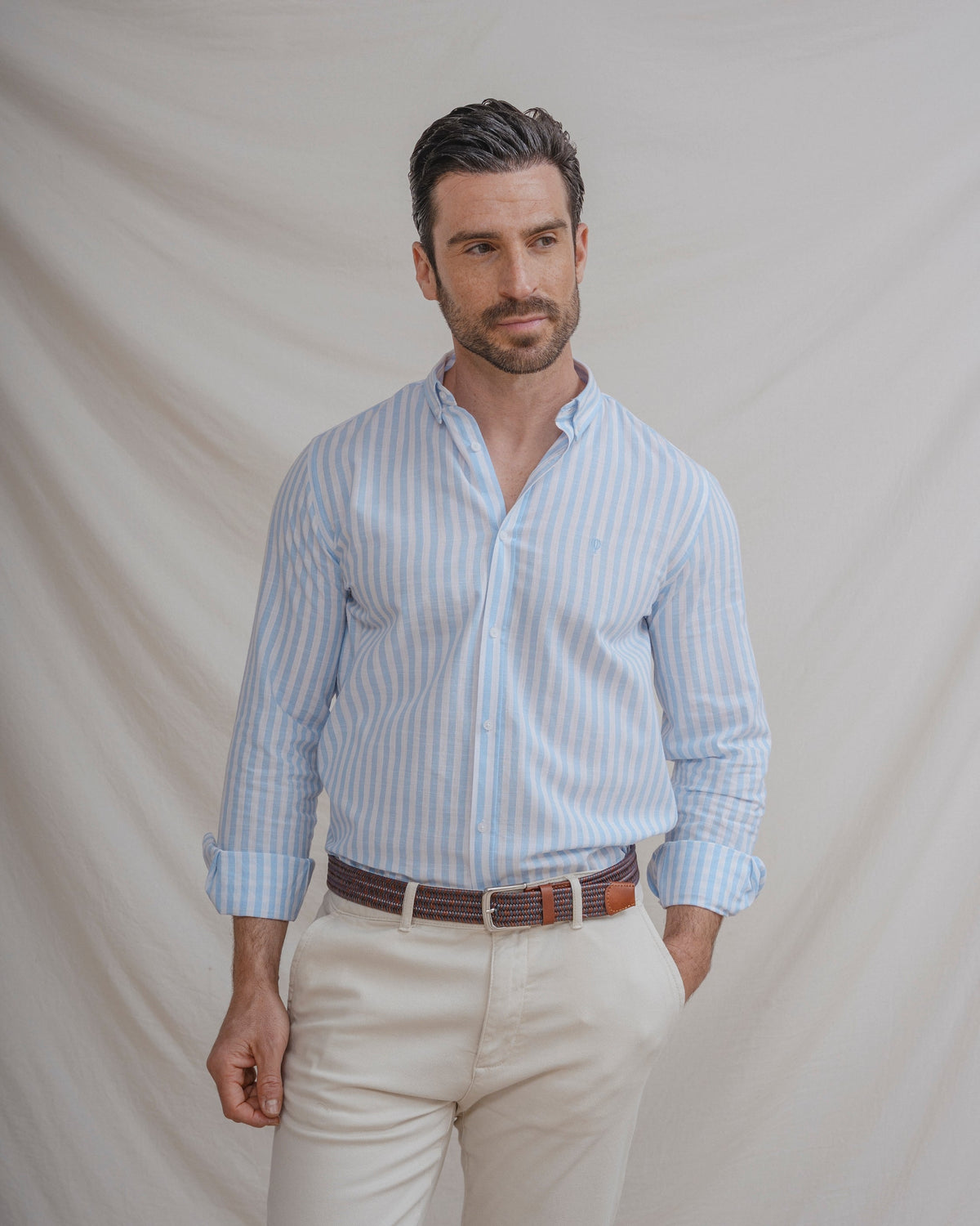 CAMISA LINO RAYA CELESTE