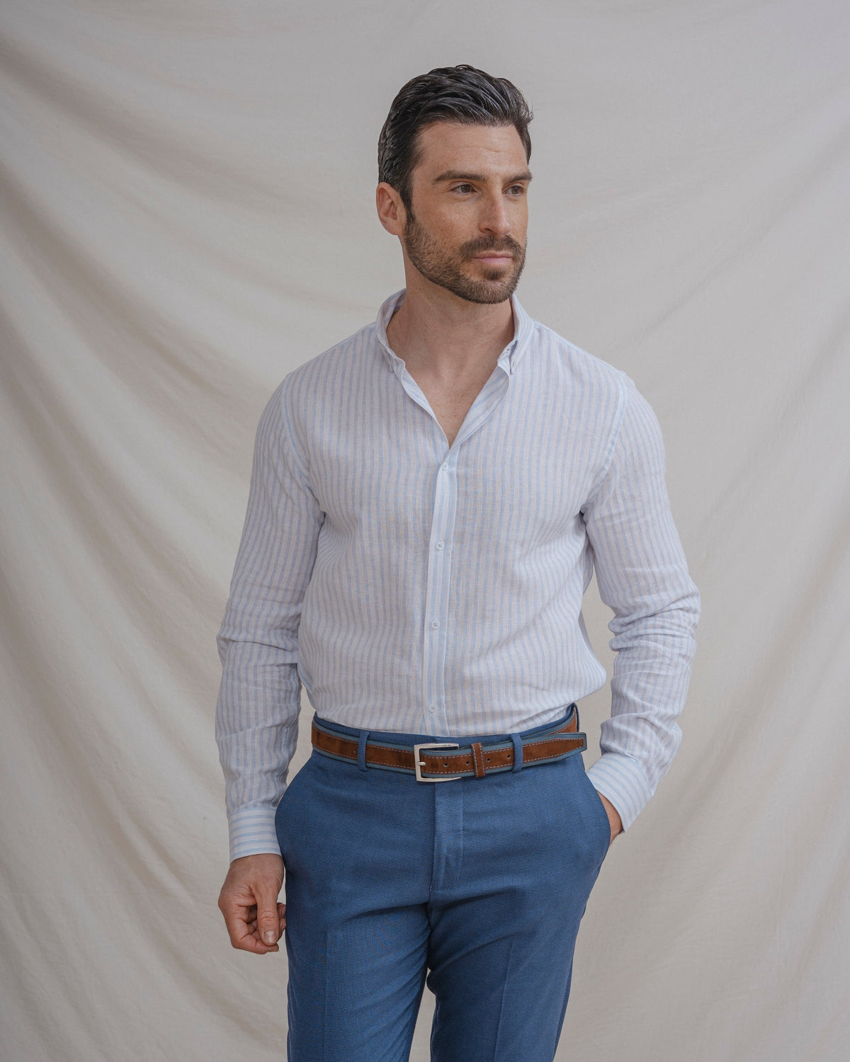 CAMISA LINO RAYA CELESTE