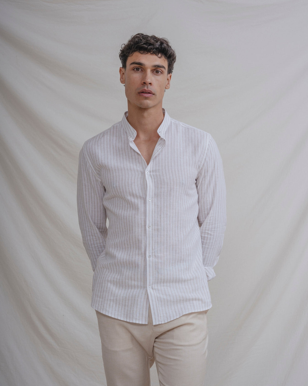 CAMISA CUELLO MAO LINO RAYA BEIGE