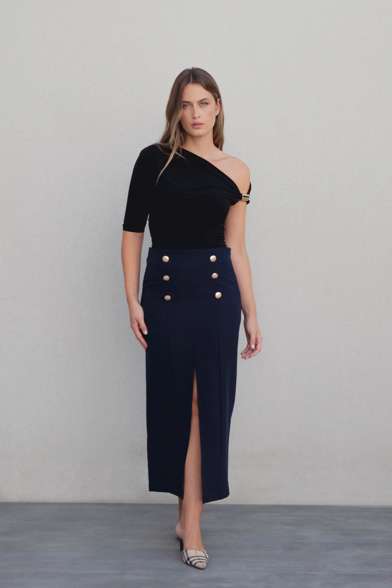 JUPE MIDI À BOUTONS DORÉS