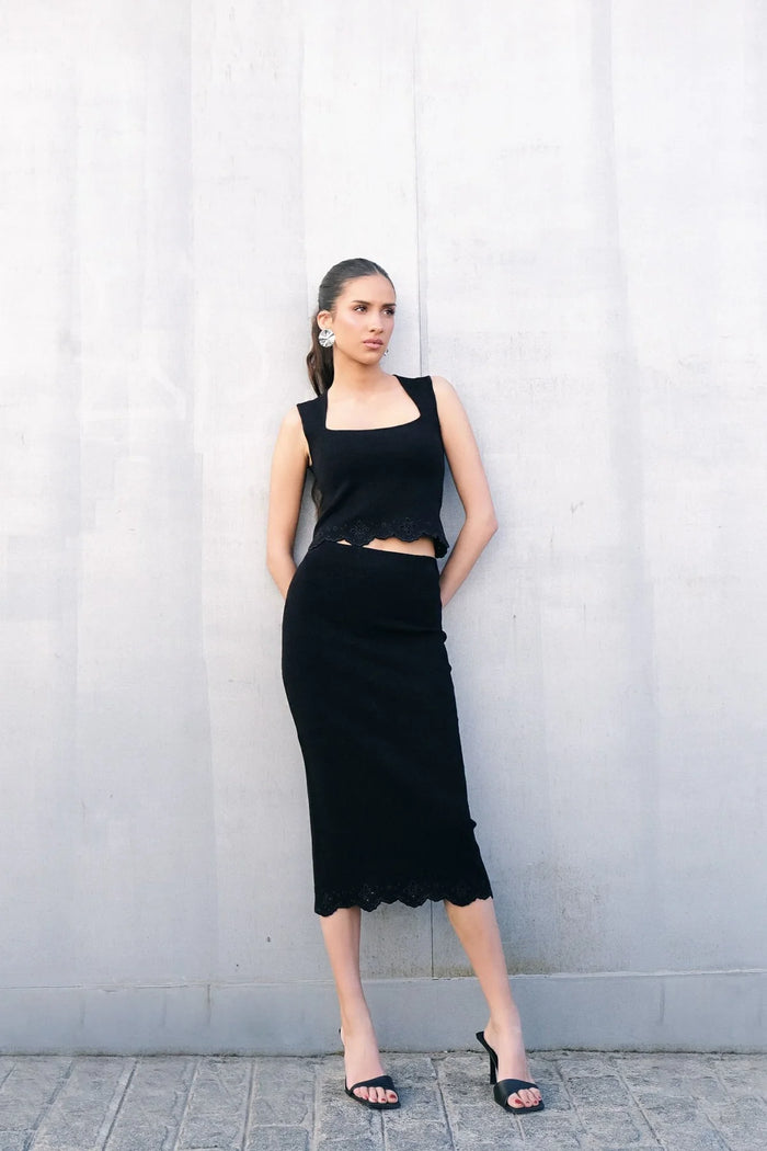 JUPE MIDI EN MAILLE BRODÉE